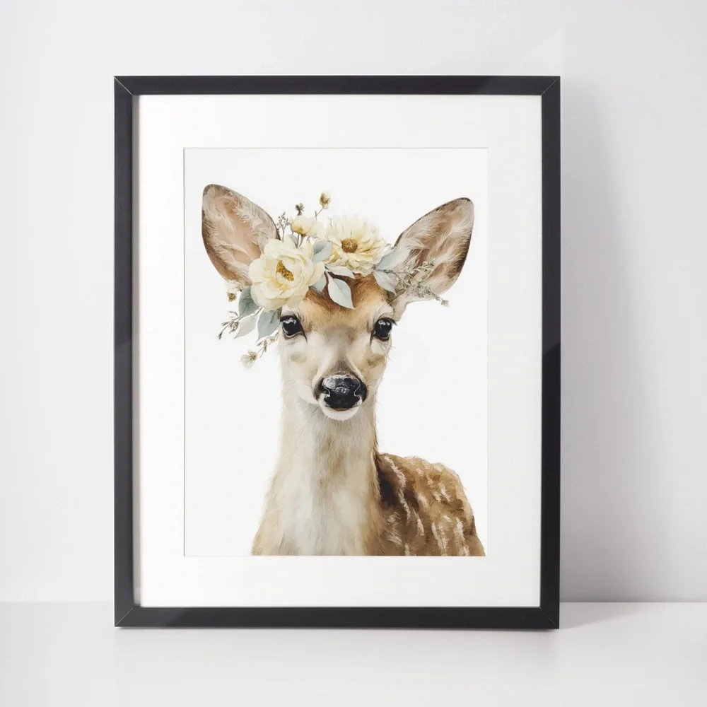 Watercolor Deer with Flower Wreath Illustration Wall Art Print Poster, Unframed - Picture 3 of 6